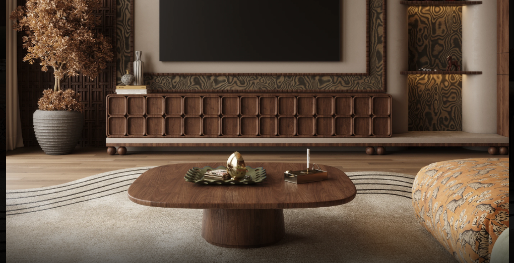 Living room with carved wooden TV unit and round coffee table