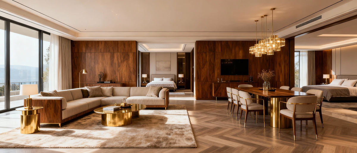 Luxury living and dining room with walnut panelling, cream sofa and brass accents