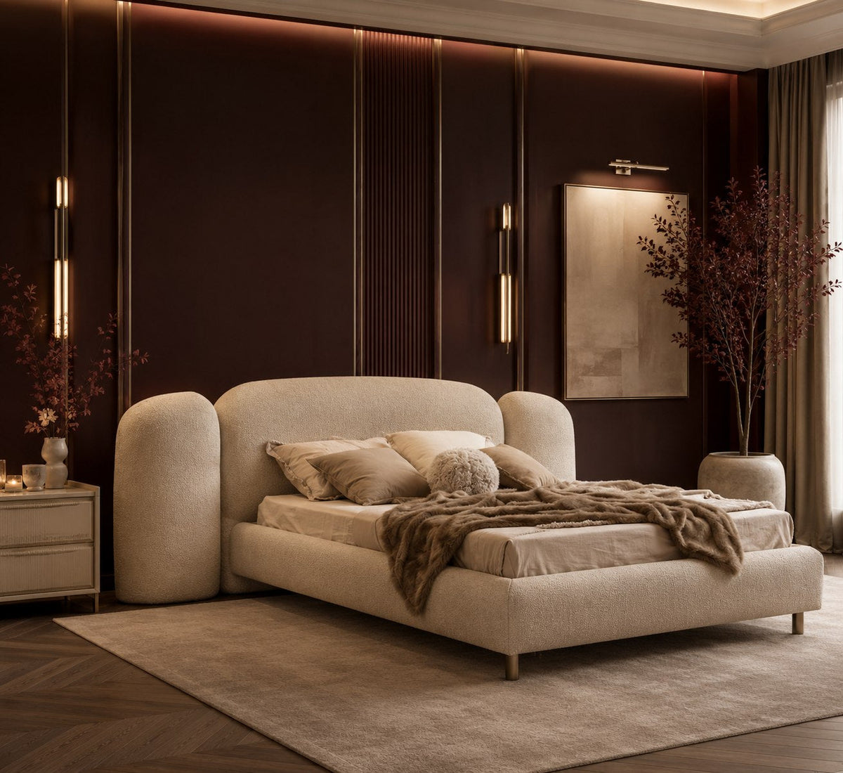 Upholstered cream bed in a warm, dark-panelled bedroom