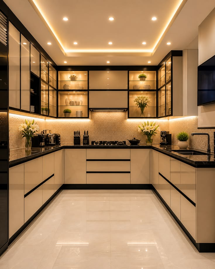 Modular kitchen with warm lighting and glass-front cabinets