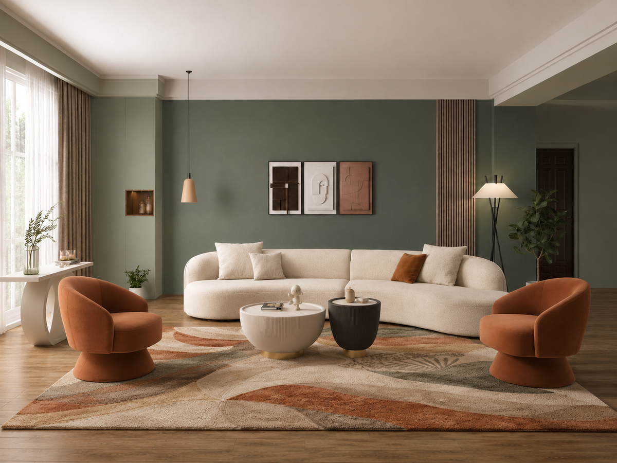 Living room with curved cream sofa and terracotta accent chairs