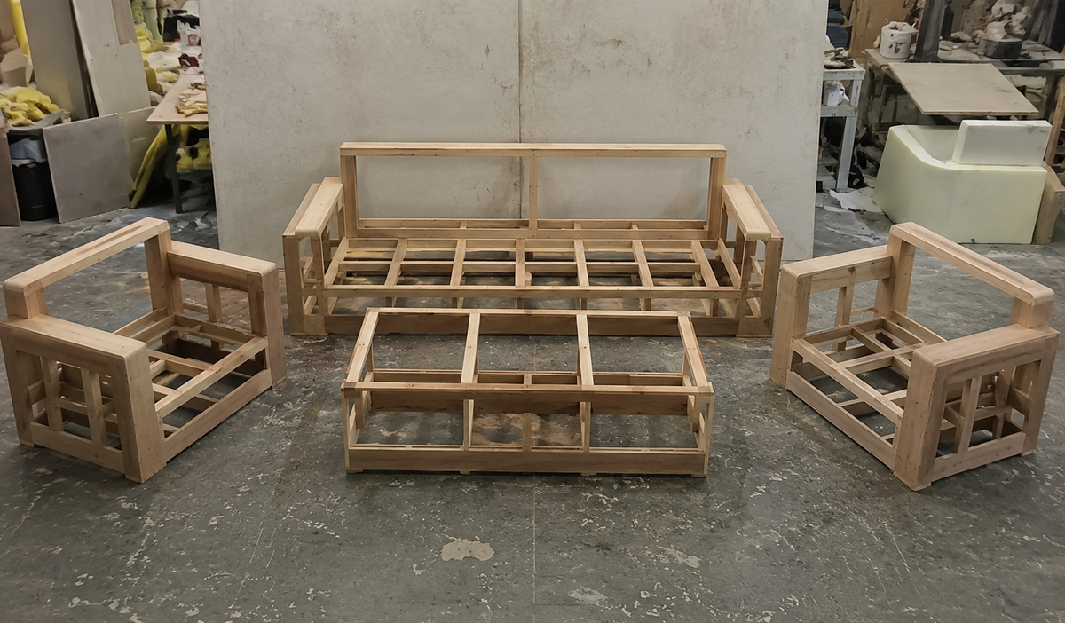 Solid wood sofa frames in the workshop before upholstery