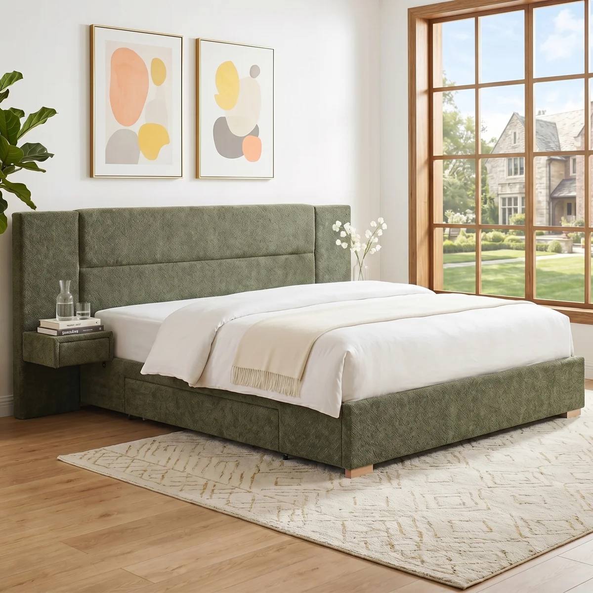 Olive Upholstery Bed with Side Storage