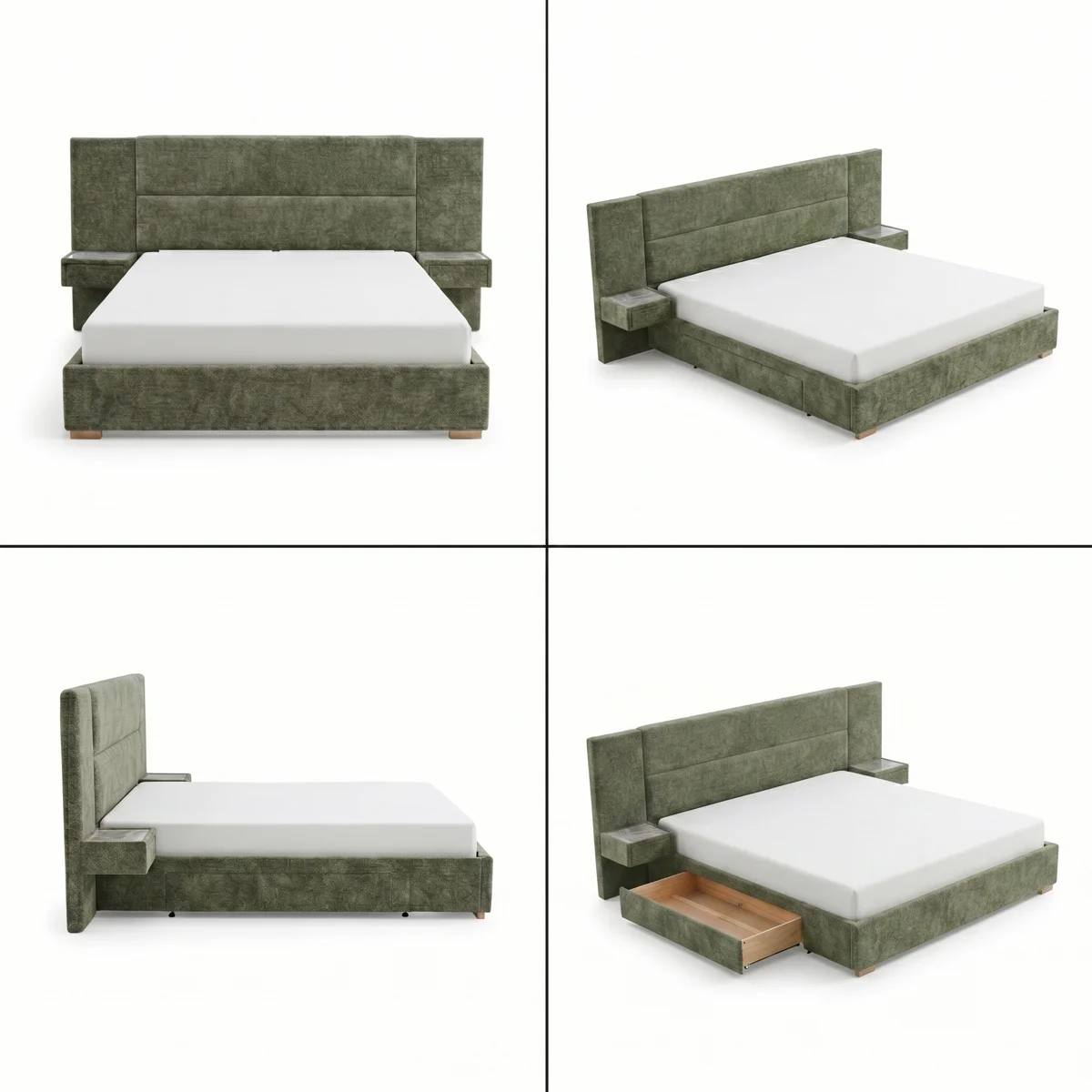 Olive Upholstery Bed with Side Storage